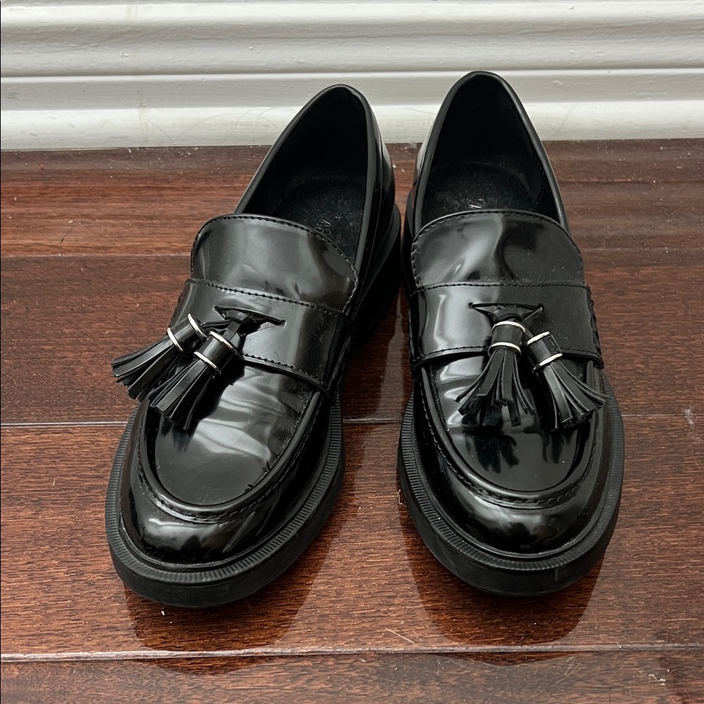 Zara Black Gloss Tassel Penny Loafers